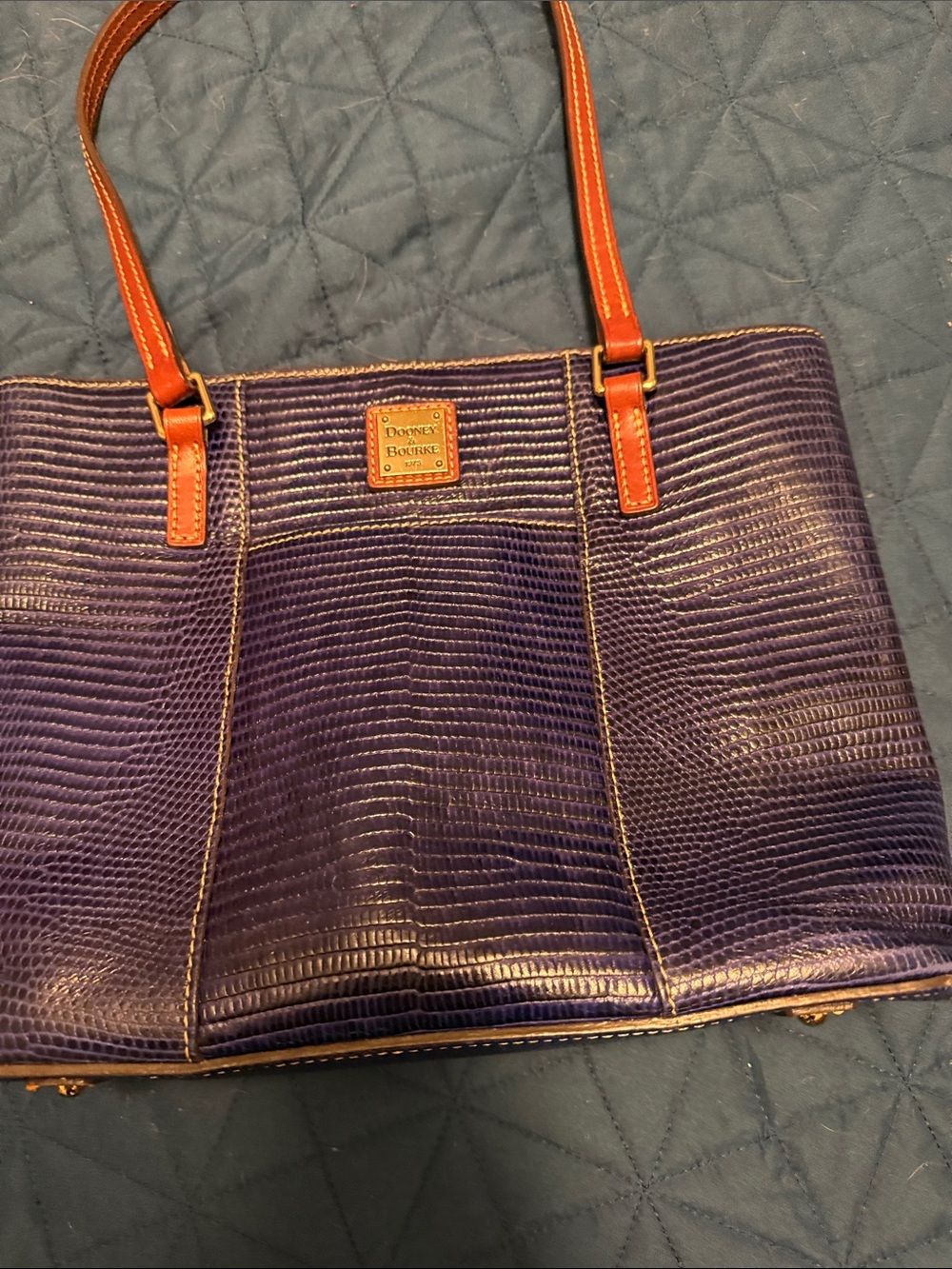 Dooney & Bourke blue Lizard-Embossed Tote with Brown Straps - Picture 10 of 14